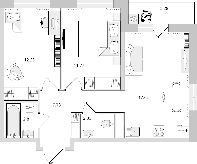 3-комнатная (Евро) квартира, 56.92 м² в ЖК "Город Первых" - планировка, фото №1