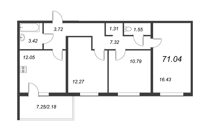 3-комнатная квартира, 68.86 м² в ЖК "Юттери" - планировка, фото №1