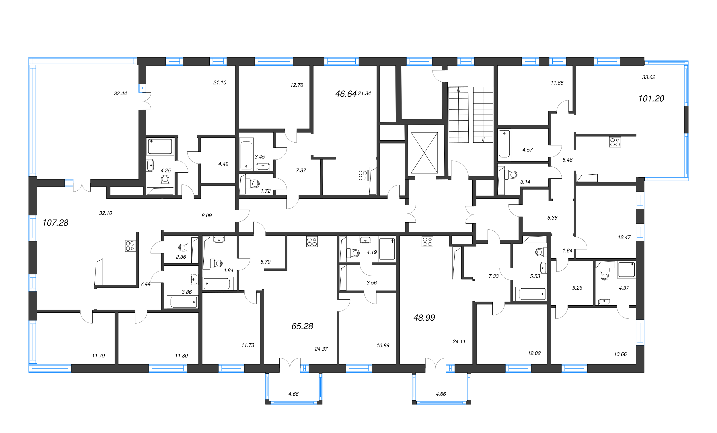 2-комнатная (Евро) квартира, 46.64 м² - планировка этажа