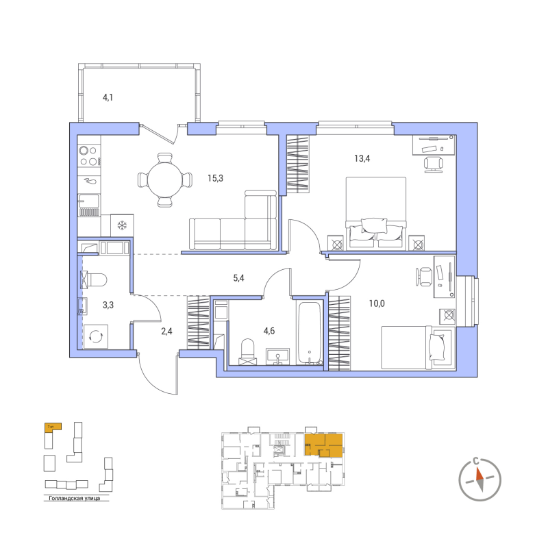 3-комнатная (Евро) квартира, 55.6 м² в ЖК "Янила Форест" - планировка, фото №1