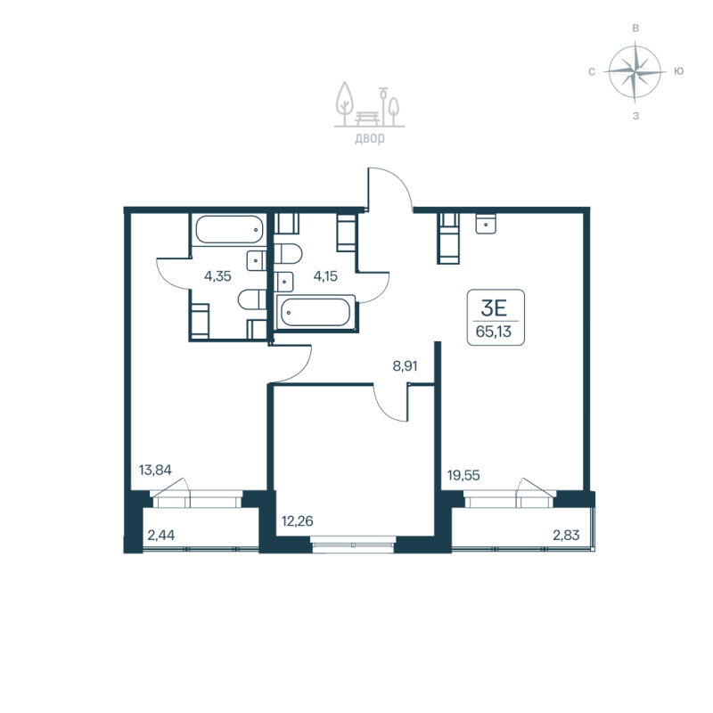 3-комнатная (Евро) квартира, 65.13 м² - планировка, фото №1