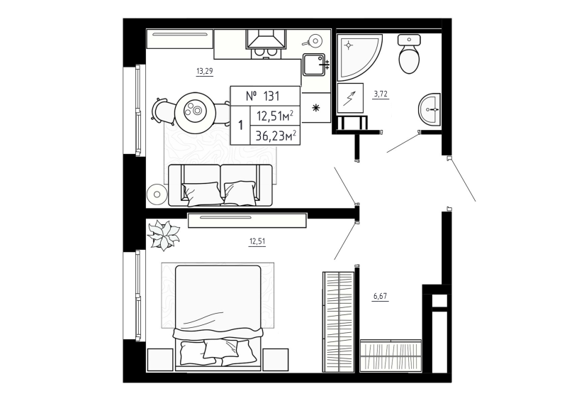 1-комнатная квартира, 36.23 м² в ЖК "Аннино Сити" - планировка, фото №1