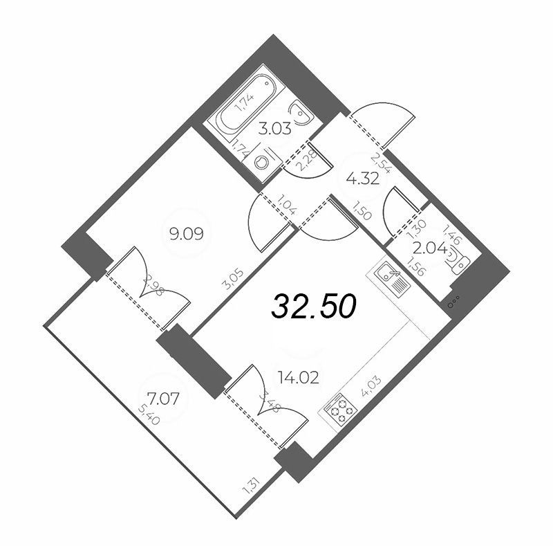 1-комнатная квартира, 36.04 м² - планировка, фото №1