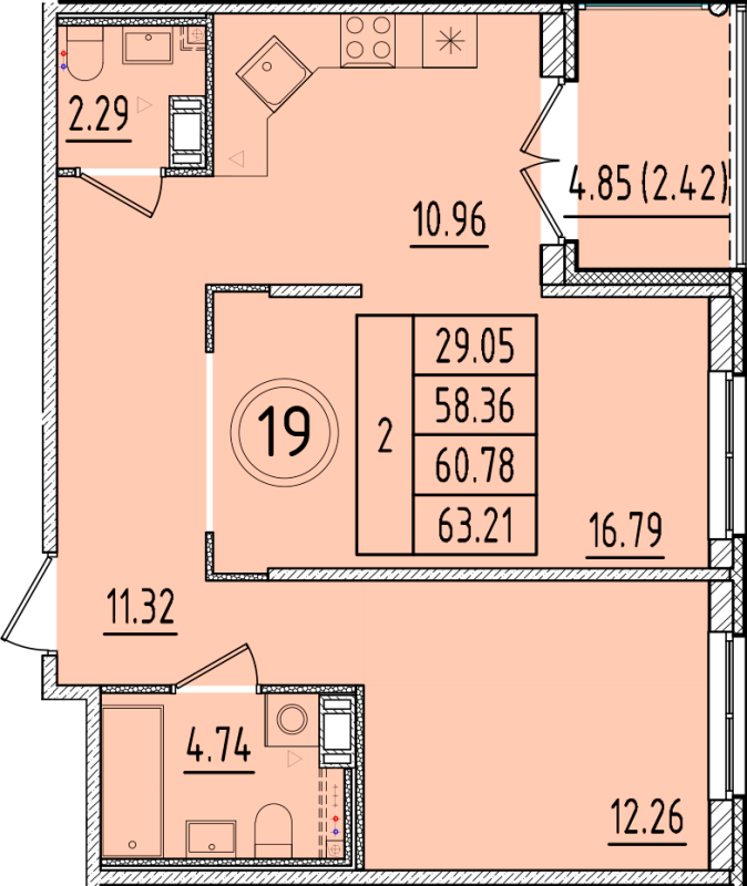 2-комнатная квартира, 58.36 м² в ЖК "Образцовый квартал 17" - планировка, фото №1