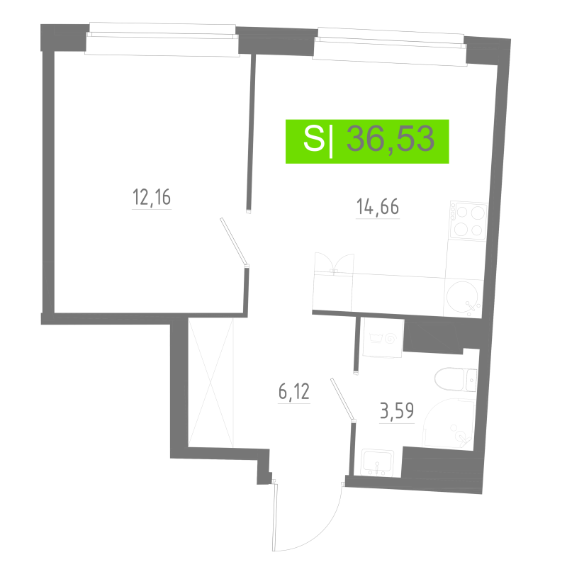 1-комнатная квартира, 36.53 м² в ЖК "Аквилон РИВА" - планировка, фото №1