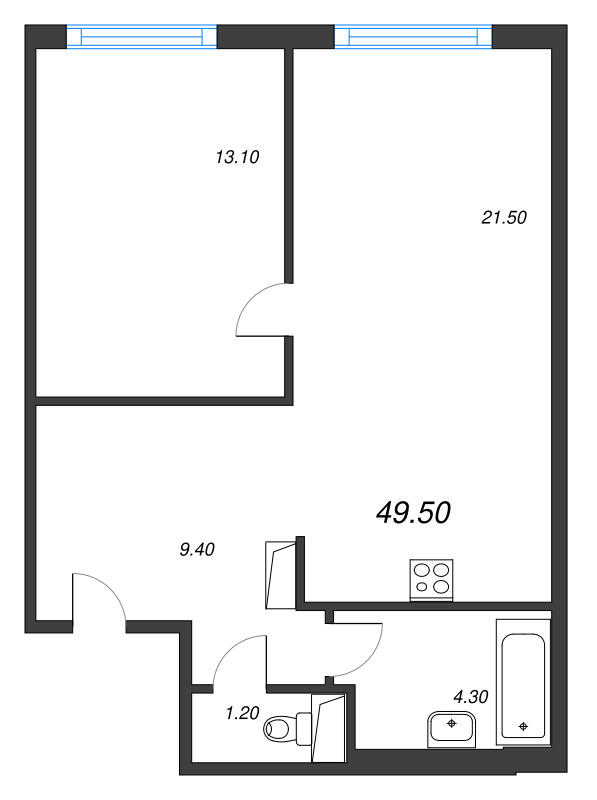 2-комнатная (Евро) квартира, 49.5 м² в ЖК "Руднева 15" - планировка, фото №1