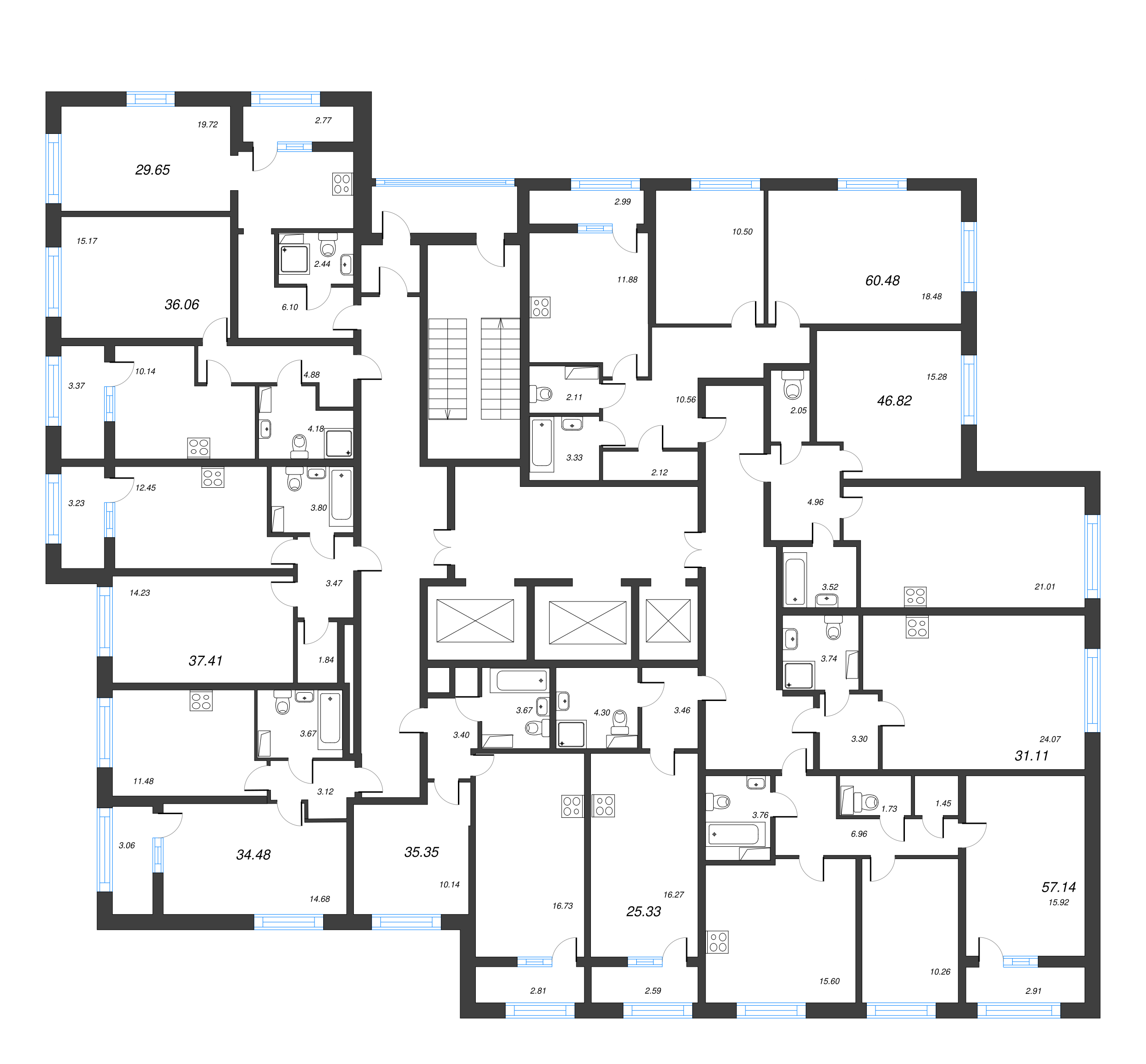 2-комнатная (Евро) квартира, 46.82 м² - планировка этажа
