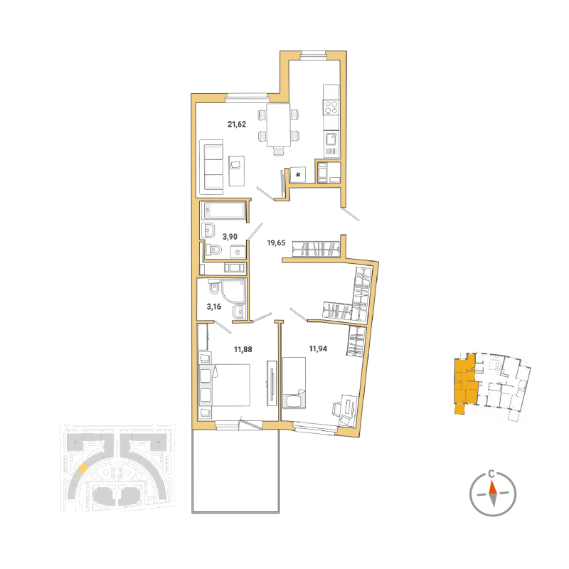 3-комнатная (Евро) квартира, 73.2 м² в ЖК "OKLA" - планировка, фото №1