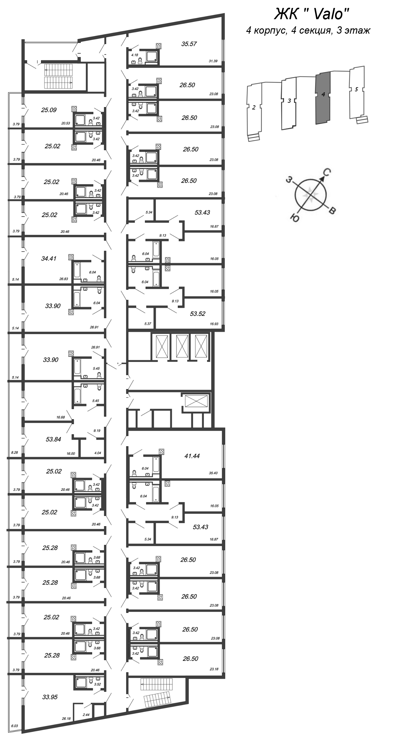 1-комнатная квартира, 52.02 м² в ЖК "Valo" - планировка этажа