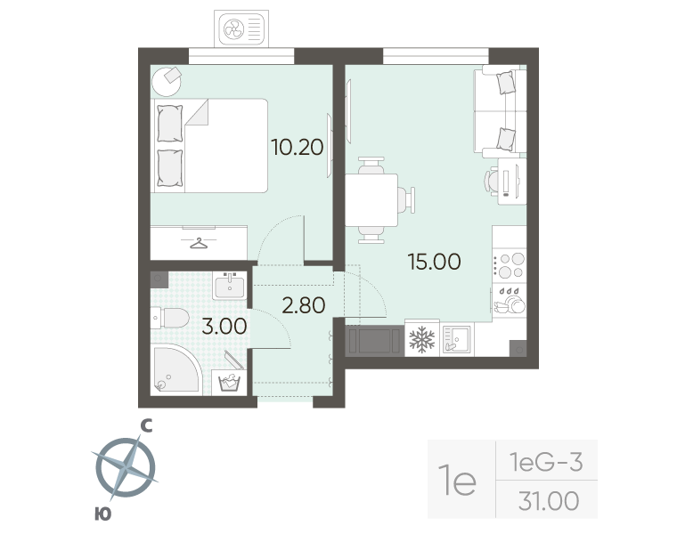 1-комнатная квартира, 31 м² в ЖК "Ручьи" - планировка, фото №1
