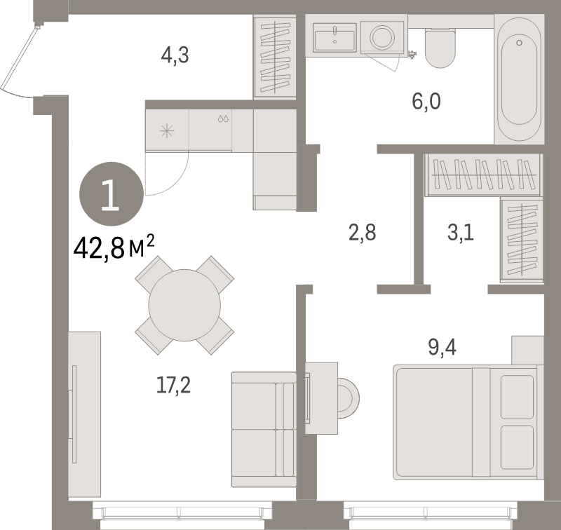 2-комнатная (Евро) квартира, 42.8 м² в ЖК "Брусника в Новоселье" - планировка, фото №1
