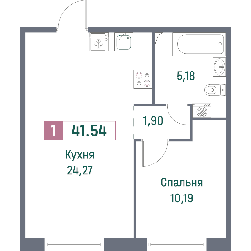 2-комнатная (Евро) квартира, 41.54 м² - планировка, фото №1