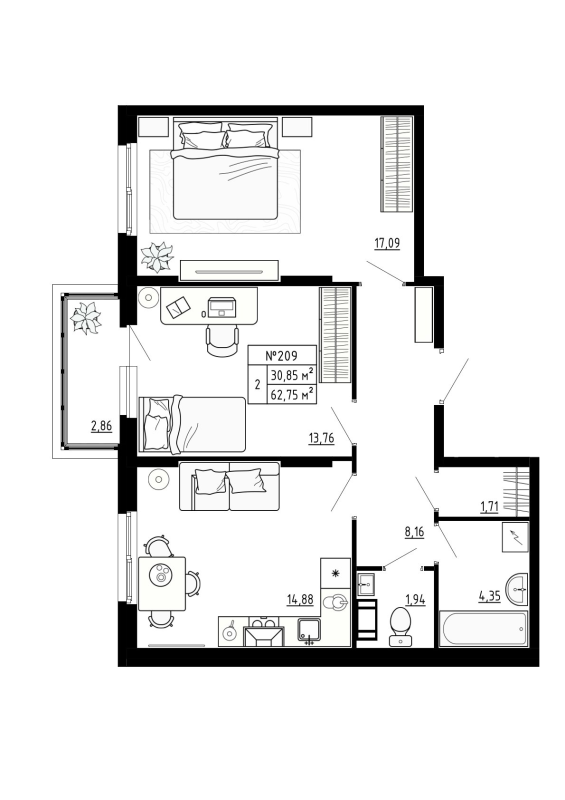 2-комнатная квартира, 62.75 м² в ЖК "Аннино Сити" - планировка, фото №1