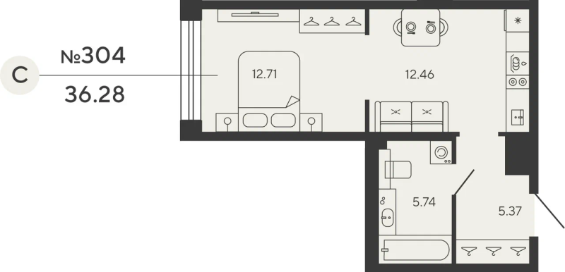 Квартира-студия, 36.28 м² в ЖК "Bashni Element" - планировка, фото №1