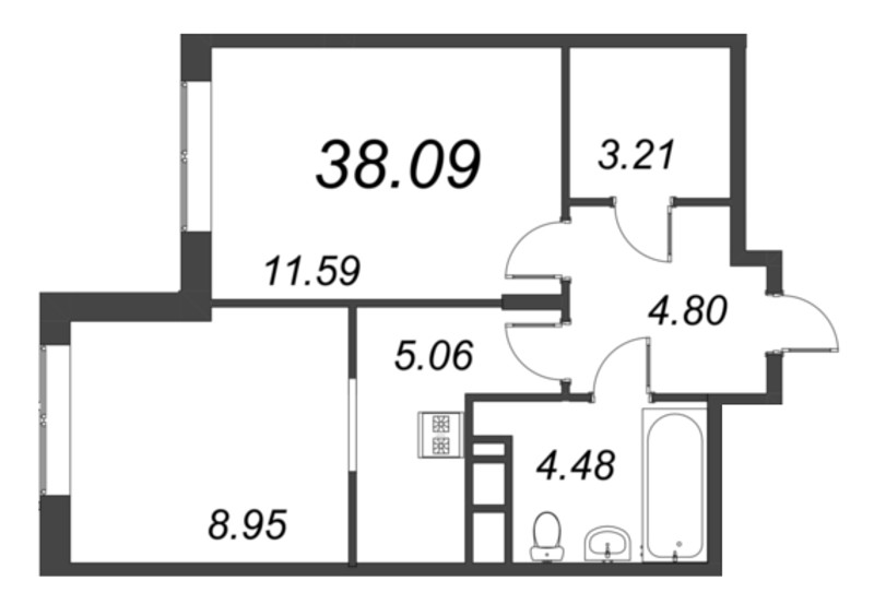 2-комнатная (Евро) квартира, 38.09 м² в ЖК "VEREN NORT сертолово" - планировка, фото №1