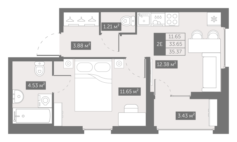 1-комнатная квартира, 35.37 м² в ЖК "UP-квартал Новый Московский" - планировка, фото №1