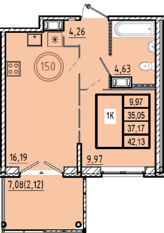 2-комнатная (Евро) квартира, 35.05 м² в ЖК "Образцовый квартал 9.1" - планировка, фото №1