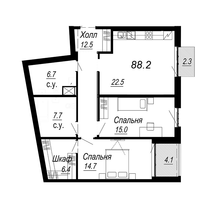 2-комнатная квартира, 91.1 м² - планировка, фото №1