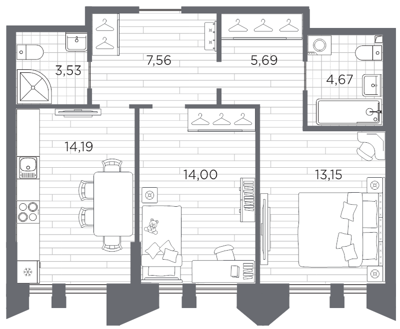 2-комнатная квартира, 62.79 м² в ЖК "Галерная гавань" - планировка, фото №1