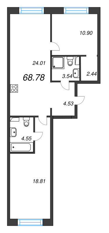 3-комнатная (Евро) квартира, 68.78 м² в ЖК "Остров Первых" - планировка, фото №1