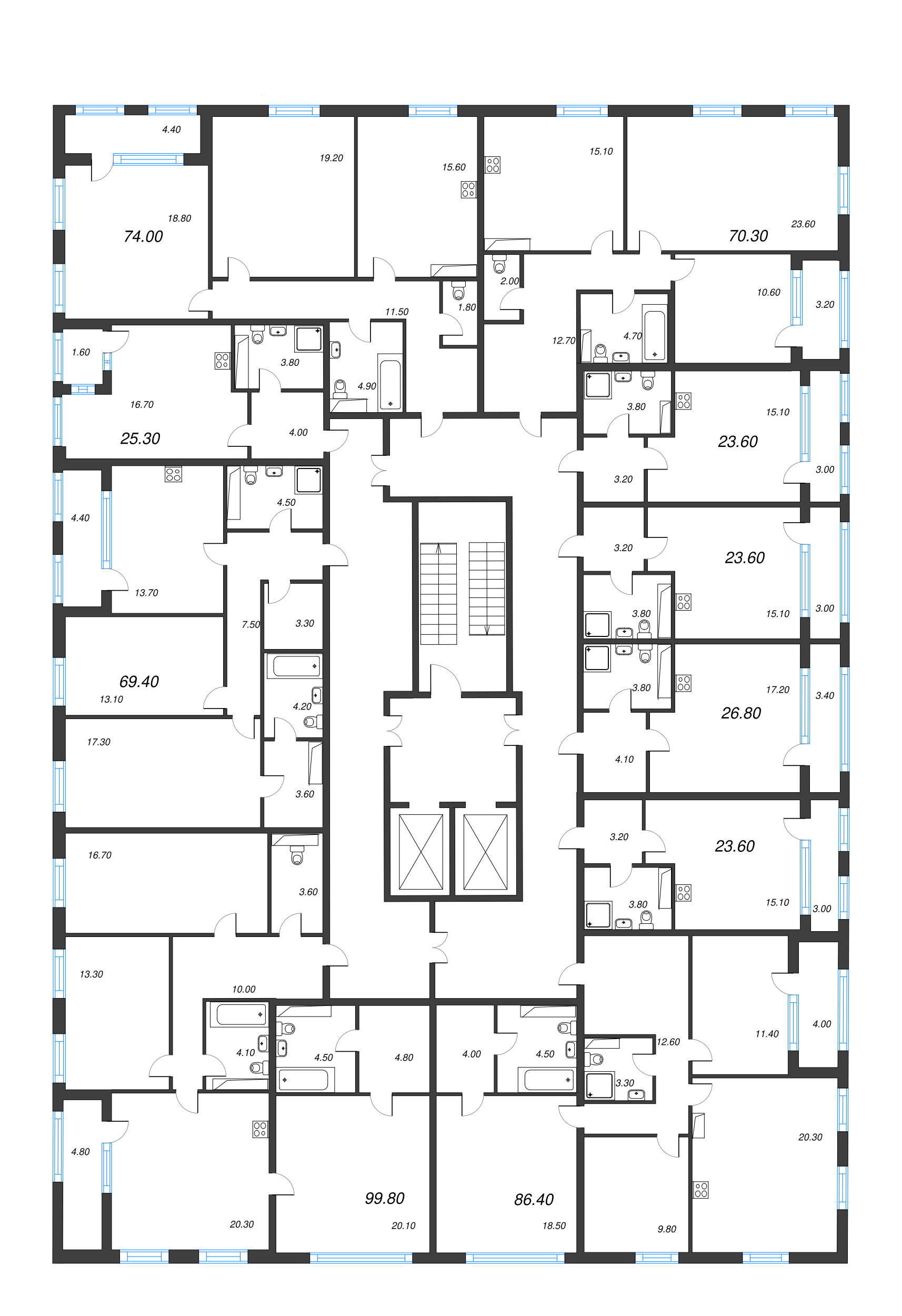 4-комнатная (Евро) квартира, 99.8 м² - планировка этажа