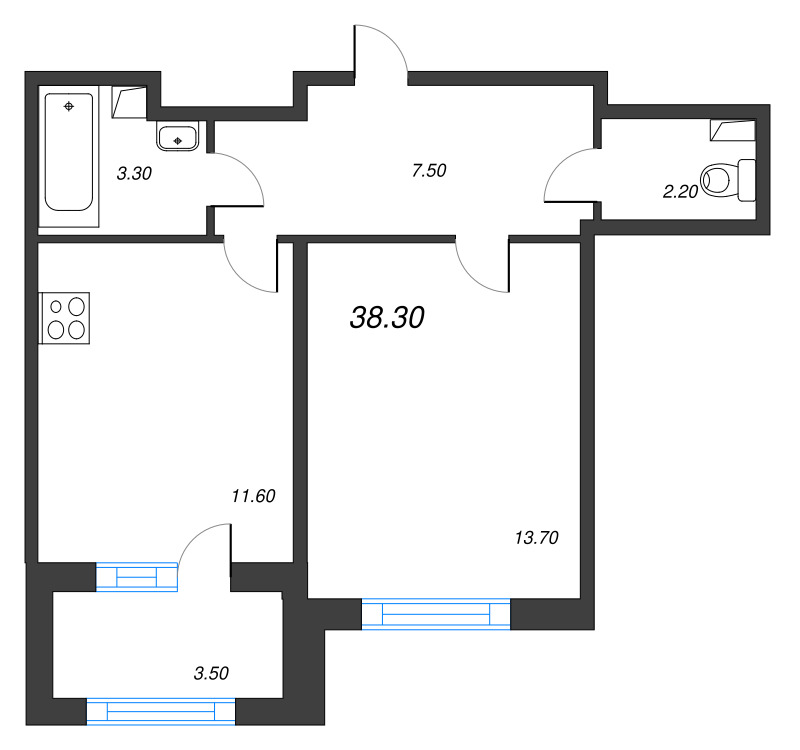 2-комнатная (Евро) квартира, 38.3 м² - планировка, фото №1