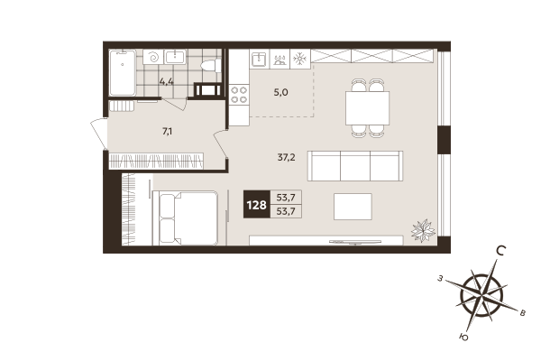 Квартира-студия, 53.7 м² в ЖК "Дом на Бронницкой" - планировка, фото №1