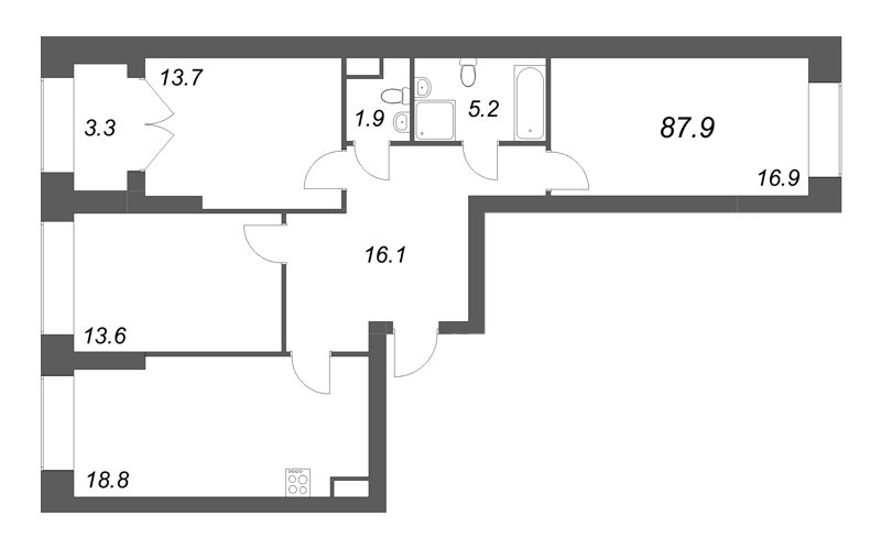 4-комнатная (Евро) квартира, 87.9 м² - планировка, фото №1