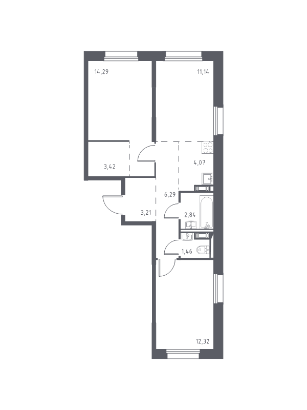 3-комнатная (Евро) квартира, 59.04 м² в ЖК "Новые Лаврики" - планировка, фото №1