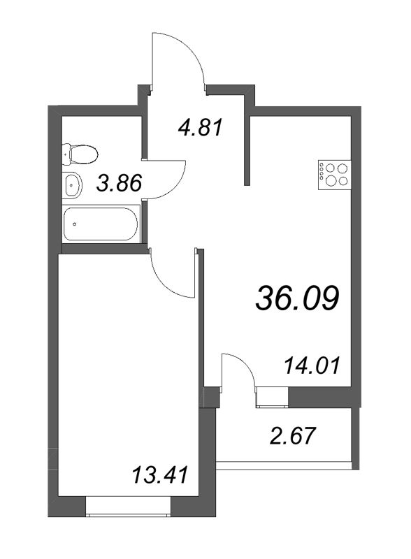 2-комнатная (Евро) квартира, 38.76 м² в ЖК "Город Первых" - планировка, фото №1