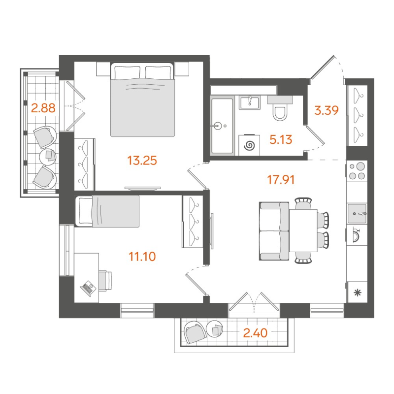 2-комнатная (Евро) квартира, 52.2 м² в ЖК "STAVNI Обводный" - планировка, фото №1