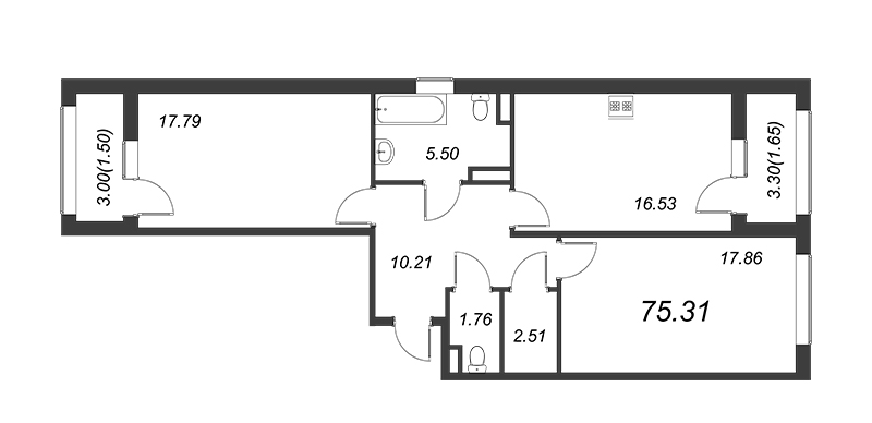 2-комнатная квартира, 75.8 м² - планировка, фото №1