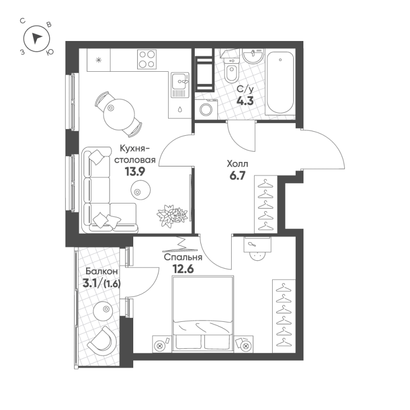 1-комнатная квартира, 39.1 м² в ЖК "Клюква.Парк" - планировка, фото №1