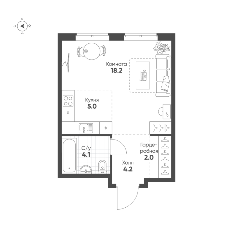 Квартира-студия, 33.5 м² в ЖК "Ягодное Река Парк" - планировка, фото №1
