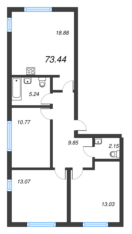 4-комнатная (Евро) квартира, 73.44 м² - планировка, фото №1