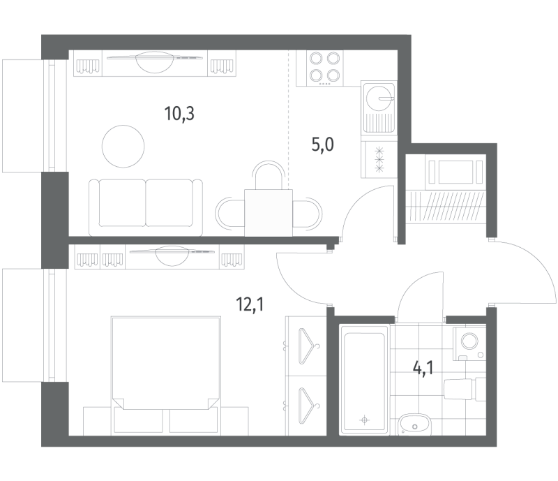 2-комнатная (Евро) квартира, 35.4 м² в ЖК "Парусная 1" - планировка, фото №1