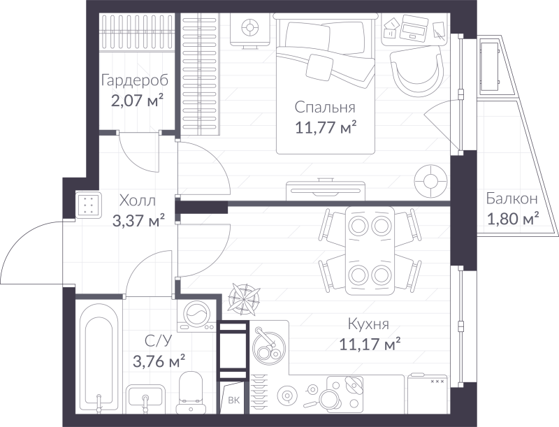 1-комнатная квартира, 32.68 м² в ЖК "VEREN NORT сертолово" - планировка, фото №1