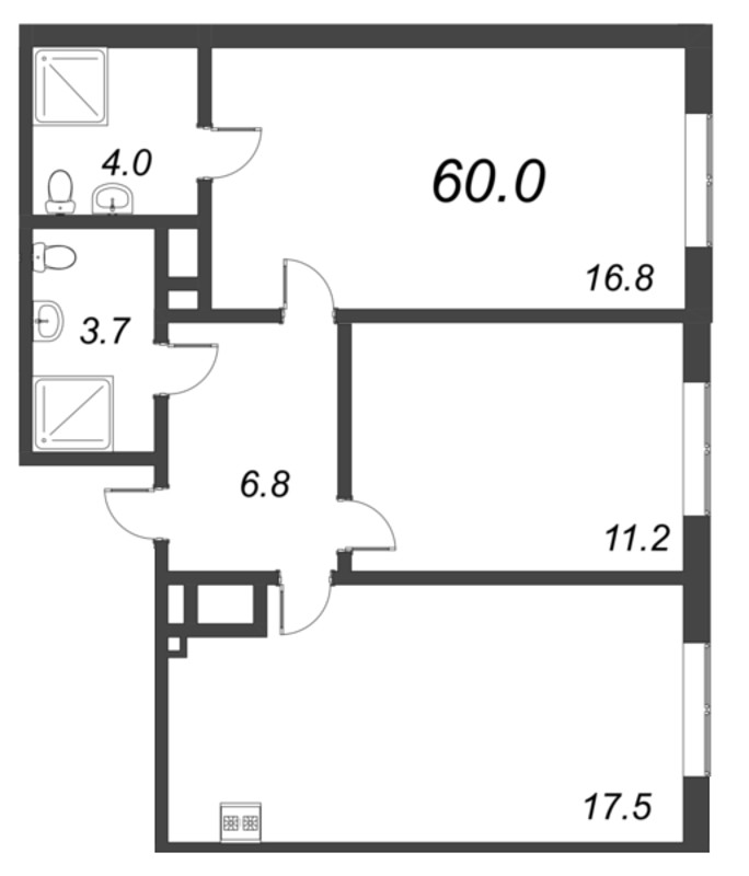 3-комнатная (Евро) квартира, 60 м² - планировка, фото №1