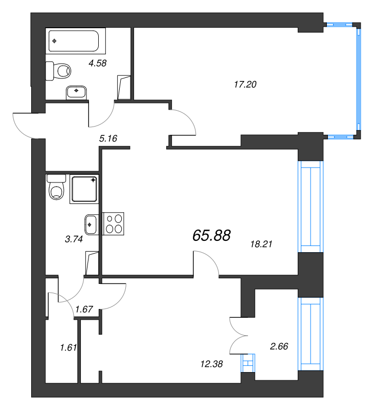 3-комнатная (Евро) квартира, 69.5 м² в ЖК "Наука" - планировка, фото №1