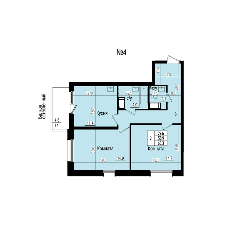 2-комнатная квартира, 60.3 м² в ЖК "ПРАГМА СИТИ" - планировка, фото №1