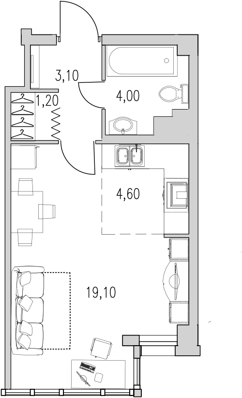 Квартира-студия, 31.1 м² в ЖК "Байрон" - планировка, фото №1