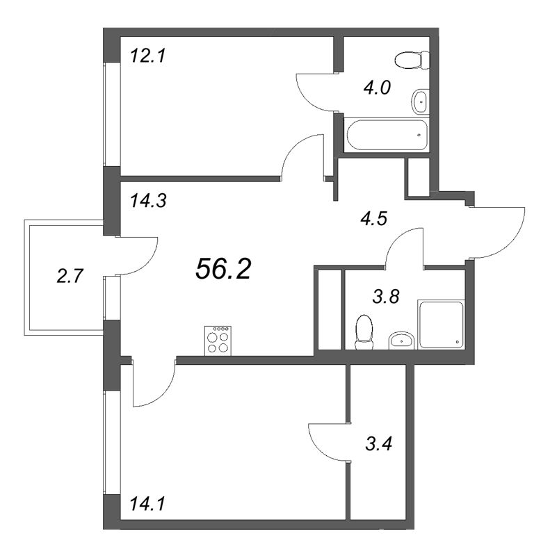 2-комнатная квартира, 56.2 м² в ЖК "Гений" - планировка, фото №1
