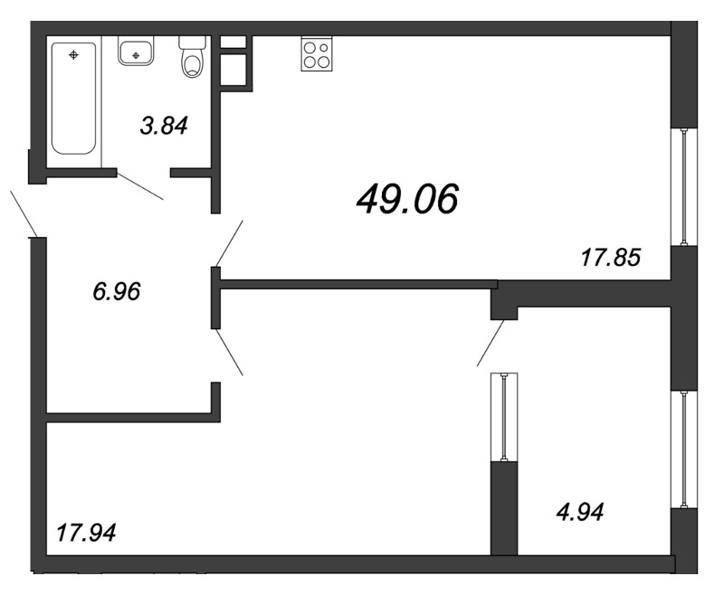 1-комнатная квартира, 49.5 м² - планировка, фото №1