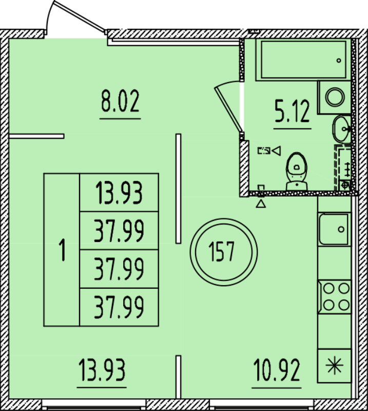 1-комнатная квартира, 37.99 м² в ЖК "Образцовый квартал 14" - планировка, фото №1
