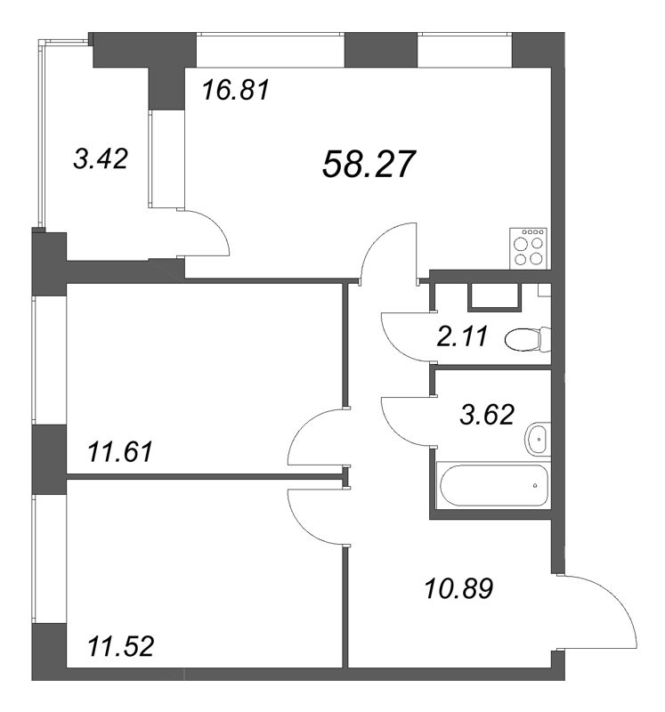 3-комнатная (Евро) квартира, 58.27 м² в ЖК "Аквилон Солар Парк" - планировка, фото №1