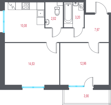 2-комнатная квартира, 52.43 м² в ЖК "Город-спутник Южный" - планировка, фото №1