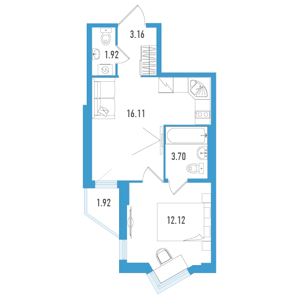 1-комнатная квартира, 37.97 м² - планировка, фото №1