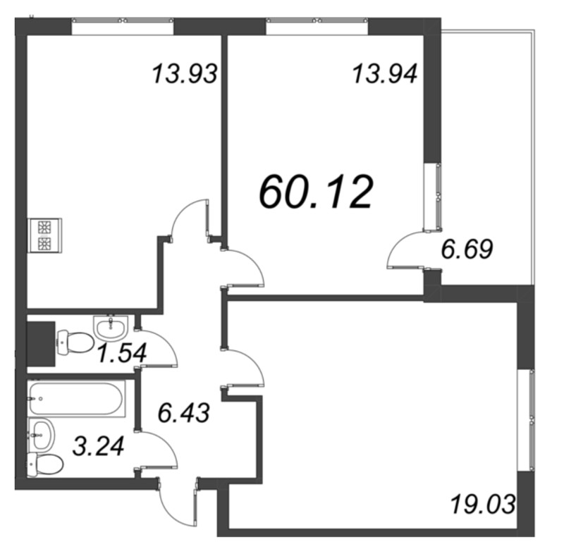 2-комнатная квартира, 60.12 м² - планировка, фото №1