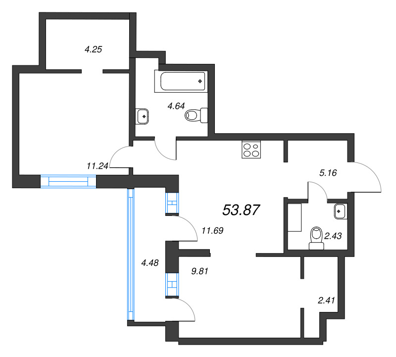 2-комнатная (Евро) квартира, 53.87 м² в ЖК "ID Murino III" - планировка, фото №1