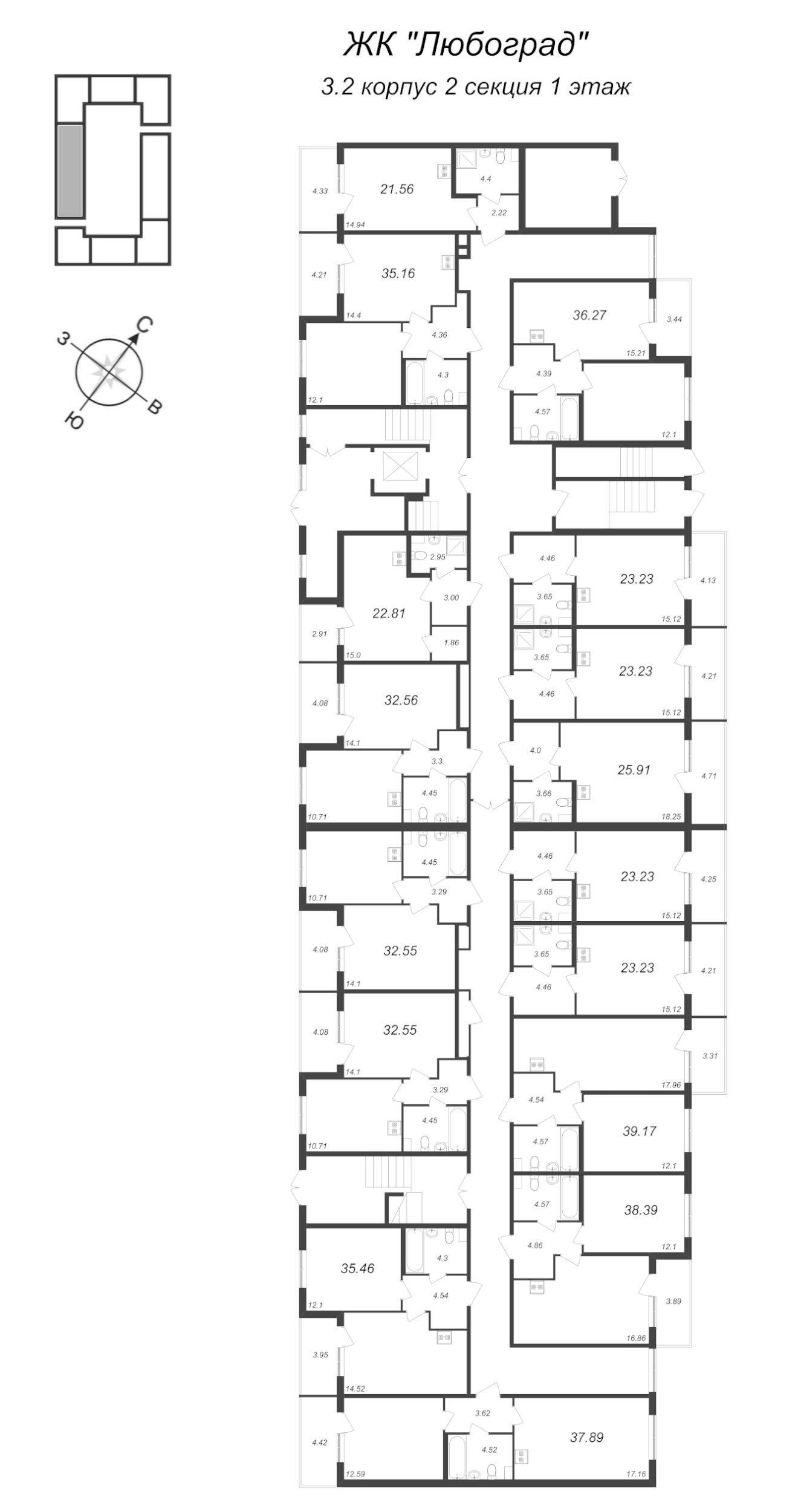 2-комнатная (Евро) квартира, 36.27 м² в ЖК "Любоград" - планировка этажа